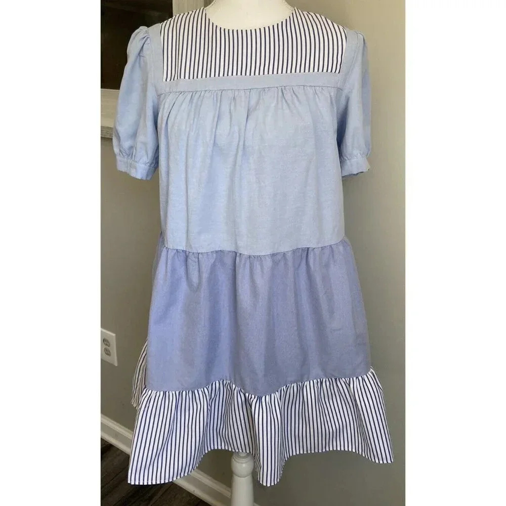 Tuckernuck Pomander Place Dress Blue Chambray Tiered XS